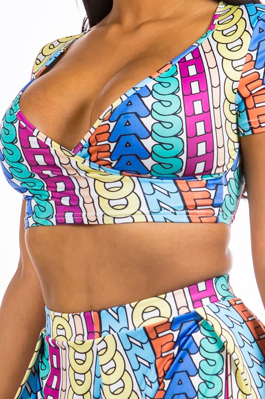 Havana Wrap Crop Top and Wide Leg Pant Set in BLUE MULTI - v neck, cropped - view 6