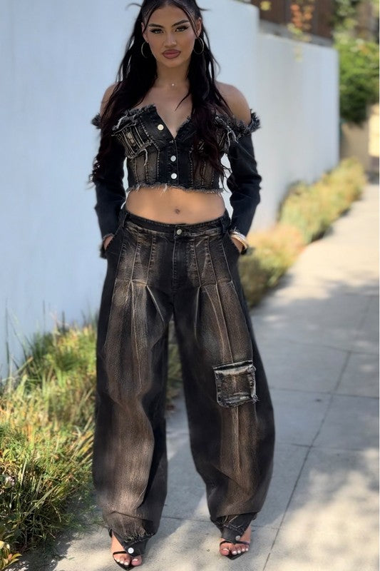 Havoc Distressed Denim Two-Piece Cargo Set in BLACK - button front, off shoulder - front view