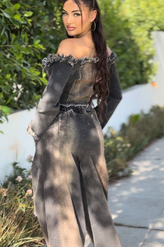 Havoc Distressed Denim Two-Piece Cargo Set in BLACK - button front, off shoulder - alternate view