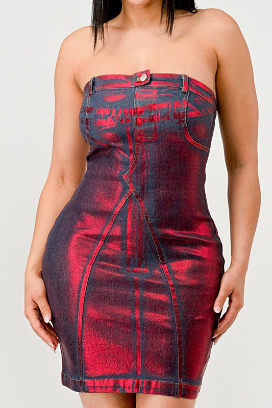 Hellcat Strapless Denim Mini Dress in DENIM/RED METALLIC - cropped, mini - front view