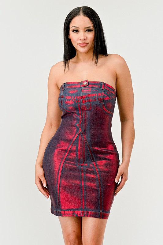 Hellcat Strapless Denim Mini Dress in DENIM/RED METALLIC - cropped, mini - alternate view