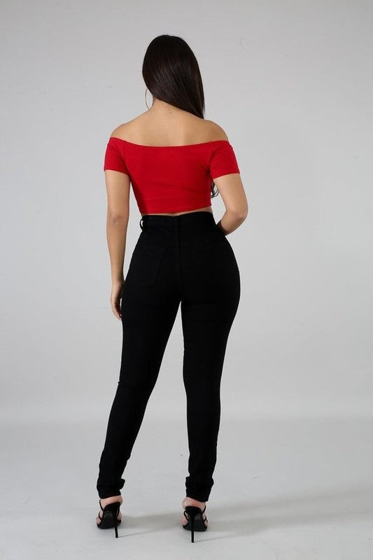 Highland Patch High Rise Skinny Jeans in Black - lace, denim - detail view