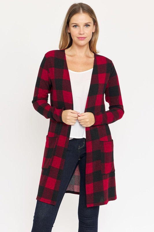 Highland Plaid Open Longline Cardigan in Red buffalo check - relaxed fit, cardigan - front view