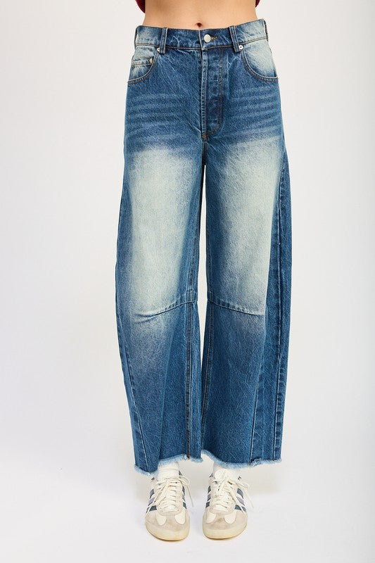Horseshoe Wide Leg Denim Jeans Medium Wash in DENIM - cropped, maxi - detail view