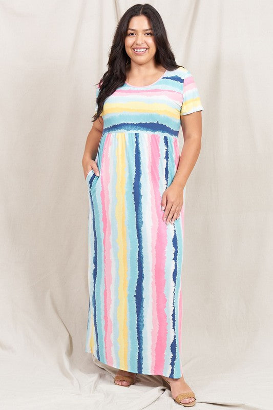 Impressionist Watercolor Print Short Sleeve Maxi Dress - v neck, relaxed fit - alternate view