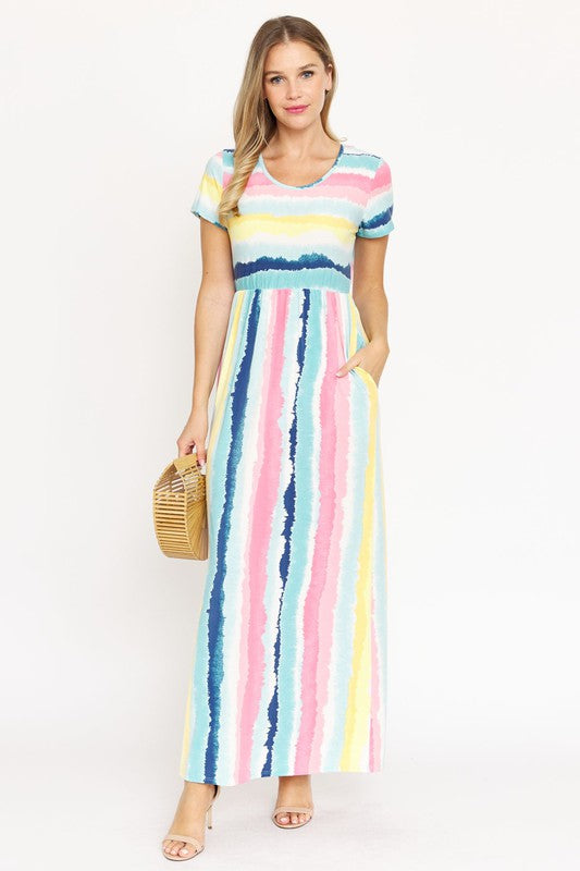 Impressionist Watercolor Print Short Sleeve Maxi Dress in Coral Blue - v neck, relaxed fit - front view