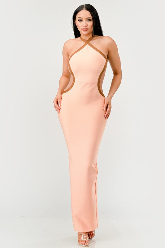 Infinity Contour Halter Neck Bandage Gown in Peach - mini - alternate view