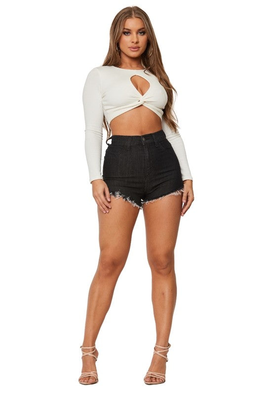 Isa Ultra High Rise Frayed Denim Shorts in Black - oversized, denim - front view