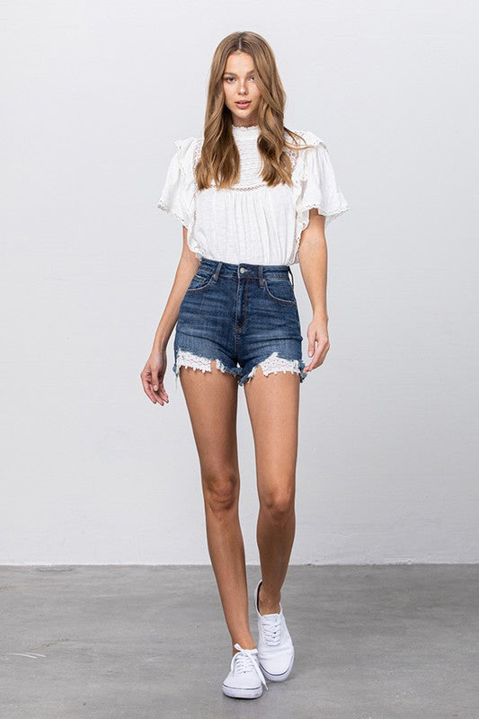 Lace Trim High Waist Denim Shorts in DARK - mini, high waist - front view
