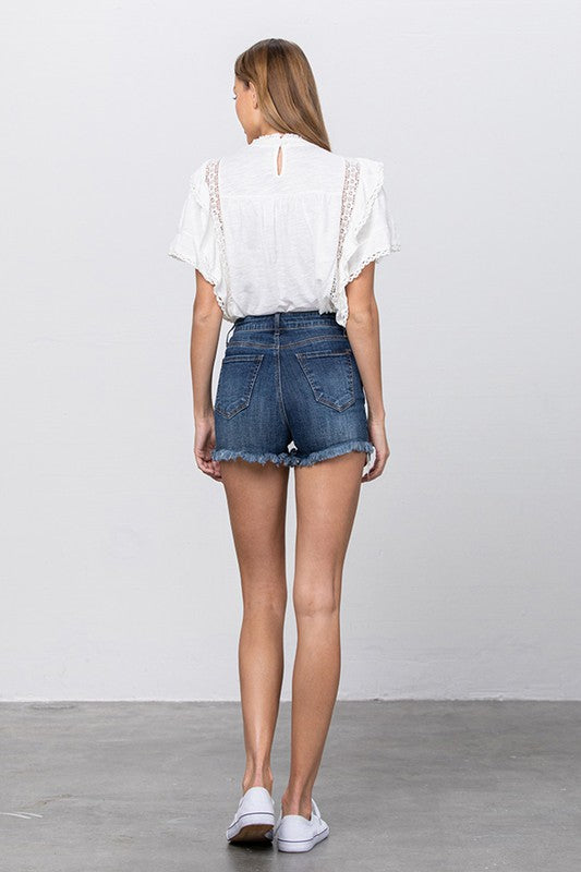 Lace Trim High Waist Denim Shorts in DARK - mini, high waist - alternate view