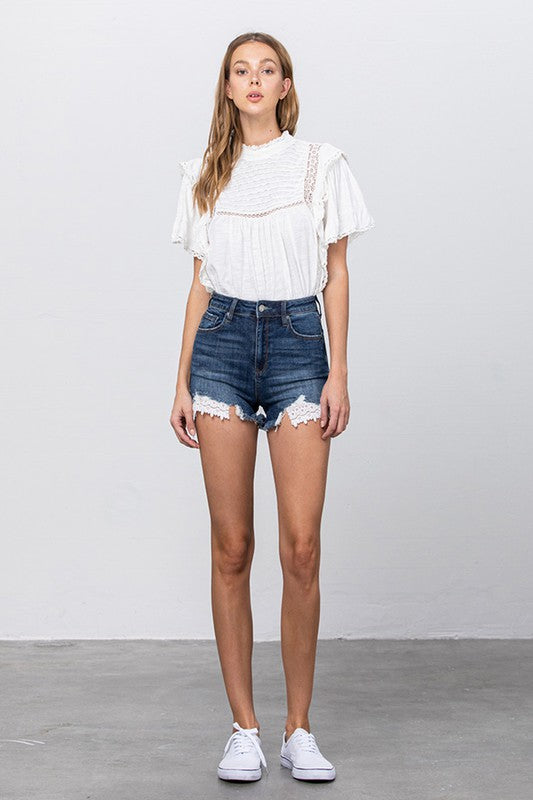 Lace Trim High Waist Denim Shorts in DARK - mini, high waist - view 8