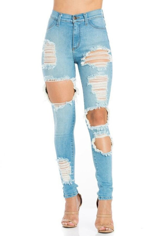 Lauren High Rise Distressed Skinny Jeans | Made in USA in Light Wash - maxi, lace - front view