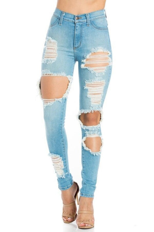 Lauren High Rise Distressed Skinny Jeans | Made in USA in Light Wash - maxi, lace - detail view
