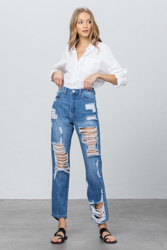 Lennox High Rise Straight Leg Distressed Jeans in MEDIUM - oversized, straight leg - front view