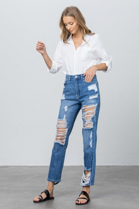 Lennox High Rise Straight Leg Distressed Jeans in MEDIUM - oversized, straight leg - alternate view