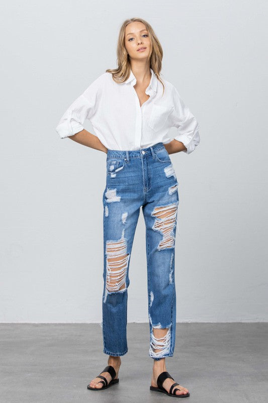 Lennox High Rise Straight Leg Distressed Jeans in MEDIUM - oversized, straight leg - detail view