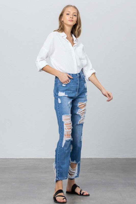 Lennox High Rise Straight Leg Distressed Jeans in MEDIUM - oversized, straight leg - view 7