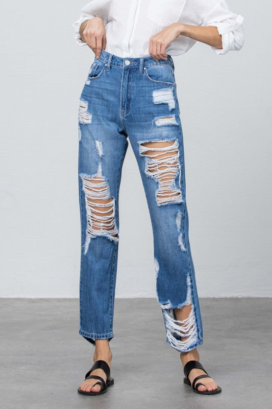 Lennox High Rise Straight Leg Distressed Jeans in MEDIUM - oversized, straight leg - view 8
