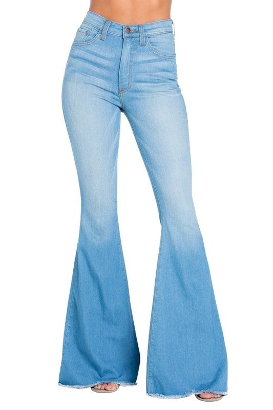 Logan Ultra-Stretch Bell Bottom Jeans | USA-Made Retro Flares in Light Wash - maxi, denim - front view