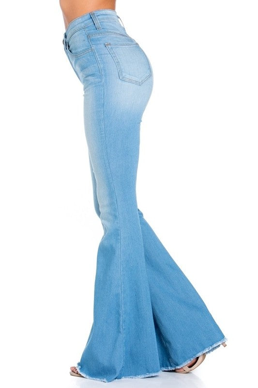 Logan Ultra-Stretch Bell Bottom Jeans | USA-Made Retro Flares in Light Wash - maxi, denim - detail view