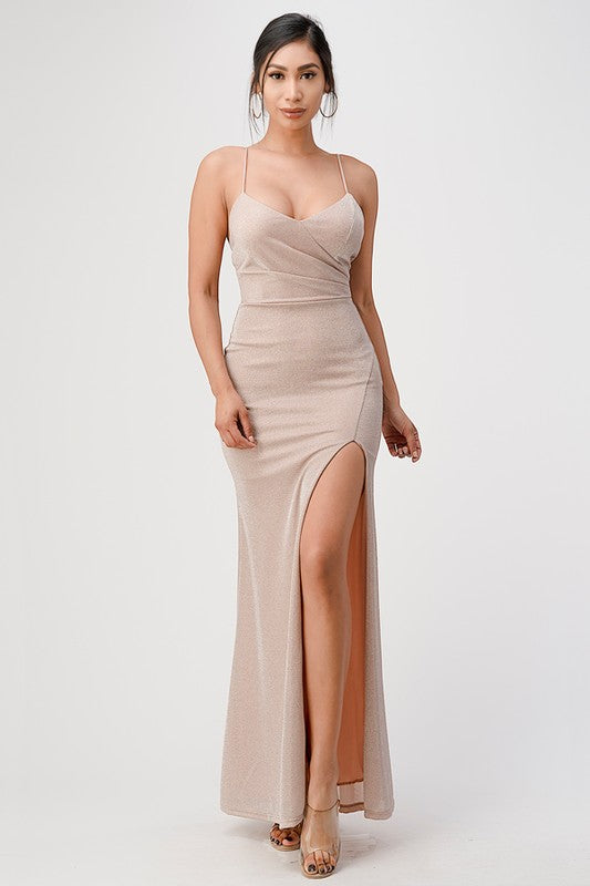 Luminosa Jacquard Mermaid Gown With Side Slit in Blush - mini, lace - view 90