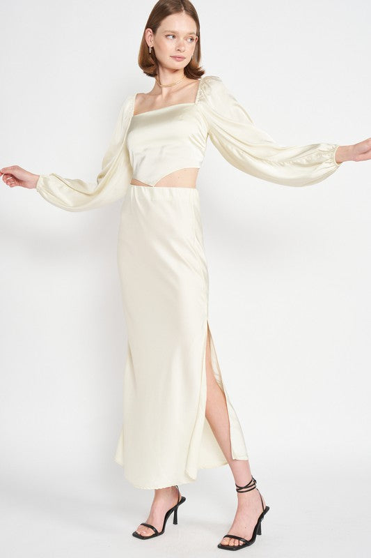 Luminous Bias Cut Maxi Skirt With Elegant Side Slit in IVORY - maxi - detail view