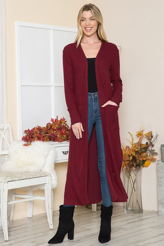 Luxe Brushed Ribbed Midi Cardigan With Pockets in 2 Tone Burgandy - turtleneck, midi - view 10