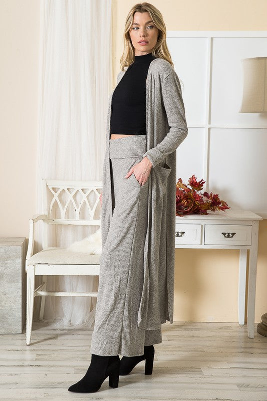Luxe Brushed Ribbed Midi Cardigan With Pockets in 2 Tone Oatmeal - turtleneck, midi - front view