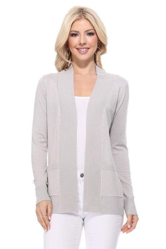 Luxe Comfort Open Front Pocket Cardigan with Long Sleeves - cardigan, ribbed - view 11
