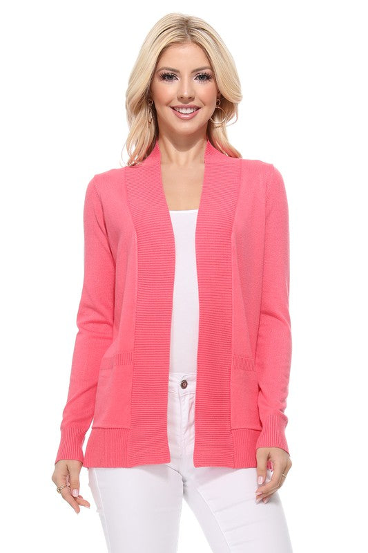 Luxe Comfort Open Front Pocket Cardigan with Long Sleeves - cardigan, ribbed - detail view