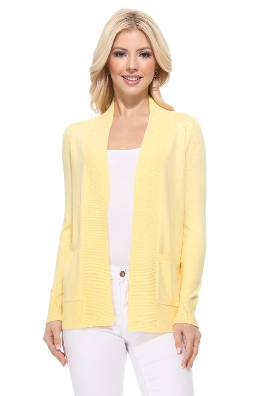 Luxe Comfort Open Front Pocket Cardigan with Long Sleeves in Baby yellow - cardigan, ribbed - front view