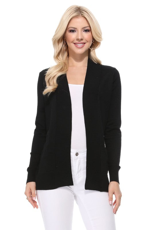 Luxe Comfort Open Front Pocket Cardigan with Long Sleeves in Black - cardigan, ribbed - alternate view