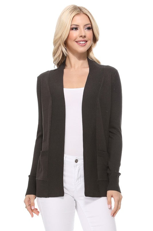 Luxe Comfort Open Front Pocket Cardigan with Long Sleeves in Charcoal - cardigan, ribbed - view 24