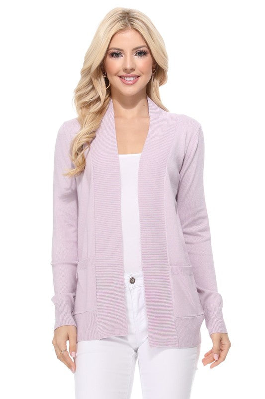 Luxe Comfort Open Front Pocket Cardigan with Long Sleeves in Lavender - cardigan, ribbed - view 13
