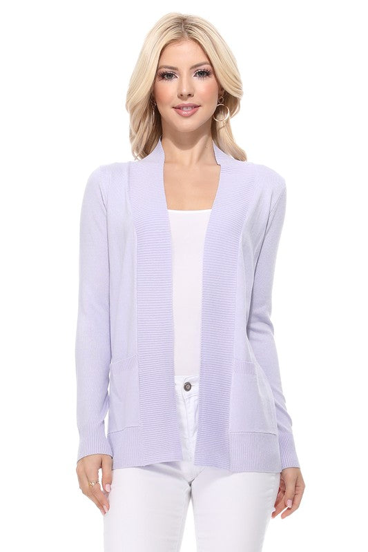 Luxe Comfort Open Front Pocket Cardigan with Long Sleeves in Lilac - cardigan, ribbed - view 14