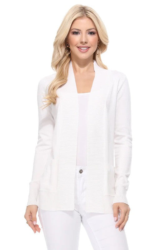 Luxe Comfort Open Front Pocket Cardigan with Long Sleeves in White - cardigan, ribbed - view 25