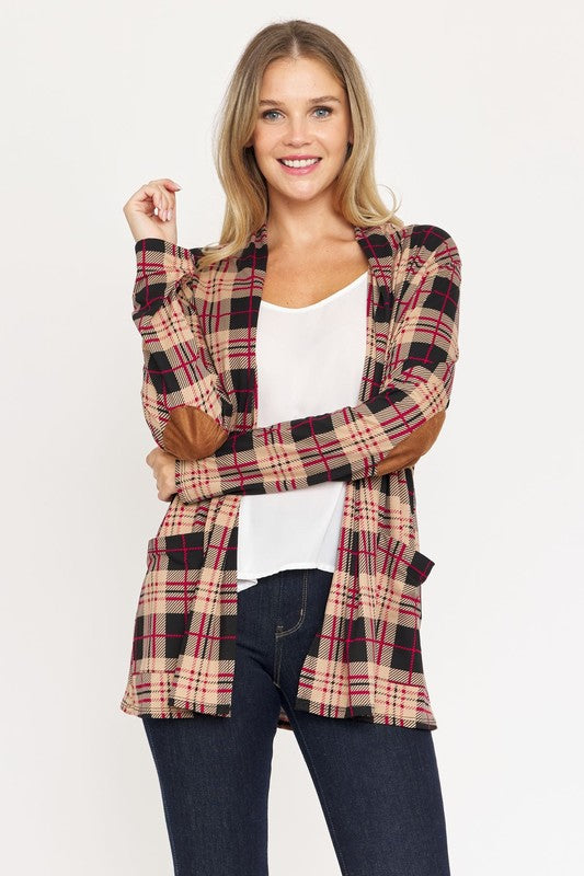 Luxe Highland Plaid Elbow Patch Cardigan - mini, cardigan - detail view