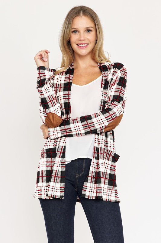 Luxe Highland Plaid Elbow Patch Cardigan in Black Red - mini, cardigan - alternate view