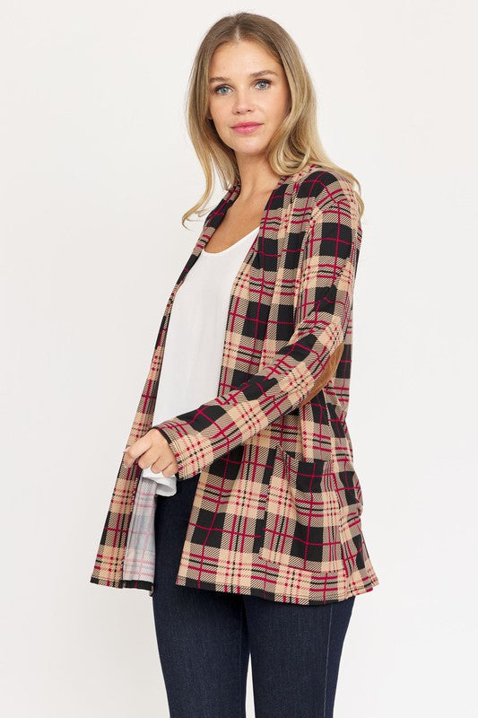Luxe Highland Plaid Elbow Patch Cardigan in Mocha - mini, cardigan - front view