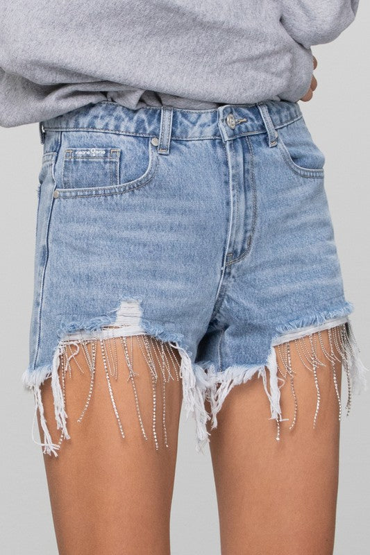 Luxe Rhinestone Tassel Premium Denim Shorts in LIGHT BLUE WASH - oversized, mini - view 10