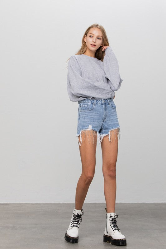 Luxe Rhinestone Tassel Premium Denim Shorts in LIGHT BLUE WASH - oversized, mini - view 14