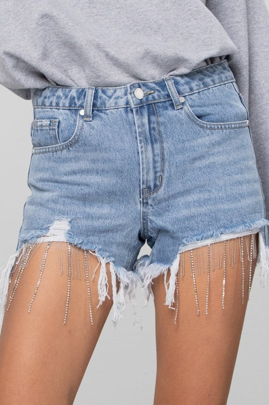 Luxe Rhinestone Tassel Premium Denim Shorts in LIGHT BLUE WASH - oversized, mini - view 4
