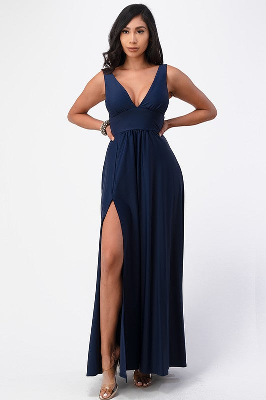 Luxe Tricot Deep V-Neck Evening Gown with Side Slit - v neck, maxi - front view