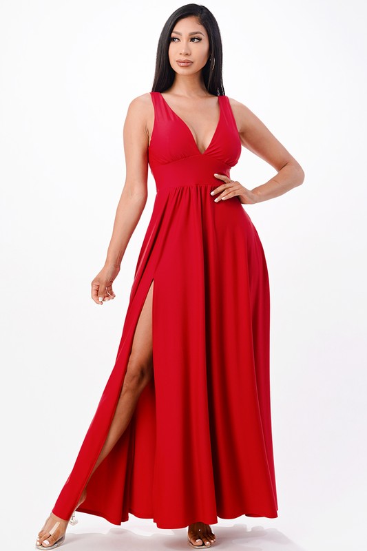 Luxe Tricot Deep V-Neck Evening Gown with Side Slit - v neck, maxi - alternate view