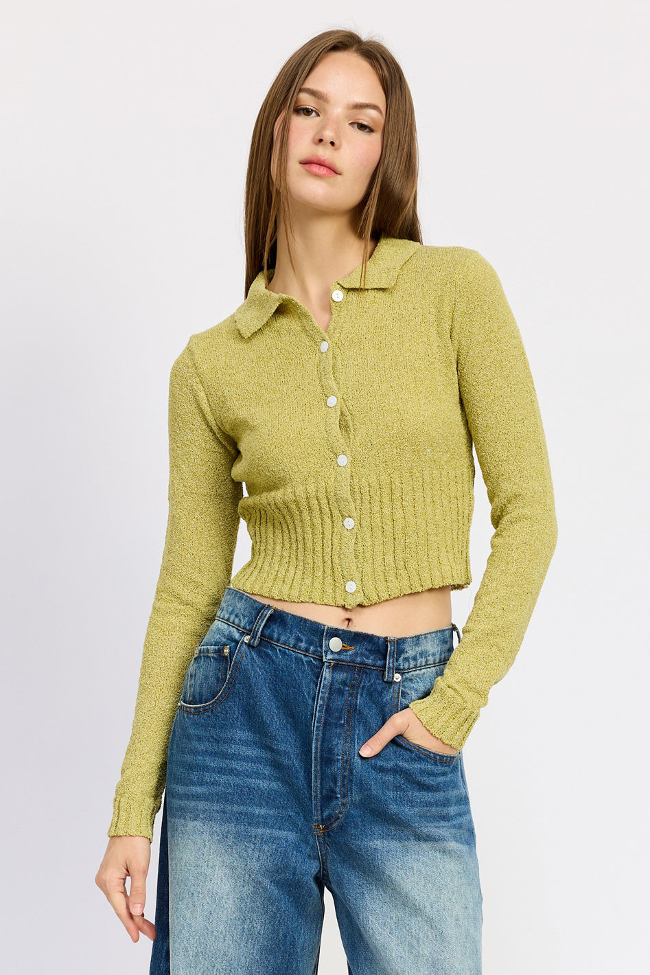 Marlena Ribbed Crop Button-Up Cardigan Top in CREAM - slim fit, cropped - front view