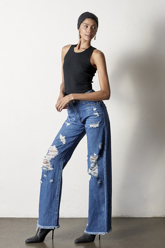 Maverick Distressed Dad Jeans With Frayed Hem in MEDIUM - denim, pockets - view 11