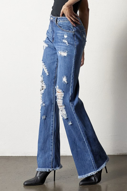Maverick Distressed Dad Jeans With Frayed Hem in MEDIUM - denim, pockets - alternate view