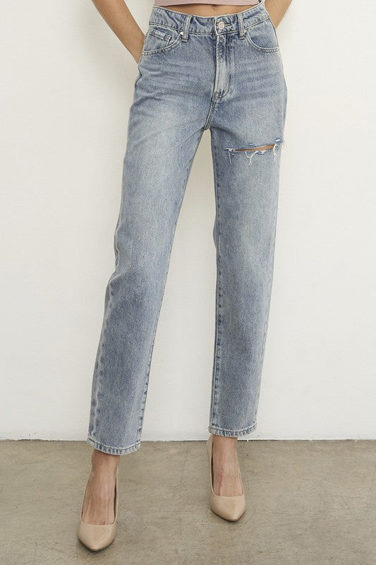 Maverick High Rise Distressed Straight Jeans in LIGHT - cropped, straight leg - front view