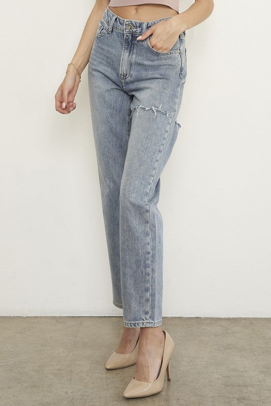 Maverick High Rise Distressed Straight Jeans in LIGHT - cropped, straight leg - view 15
