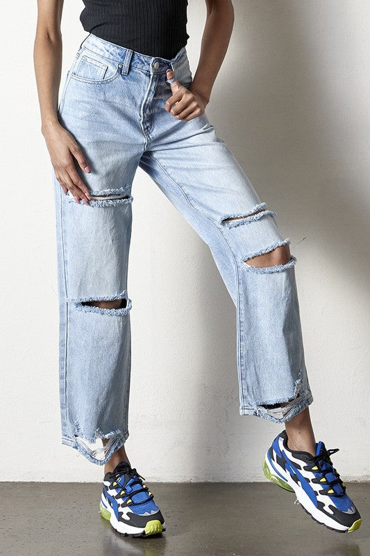 Maverick High Rise Distressed Straight Leg Jeans in AGED LIGHT - oversized, cropped - view 15